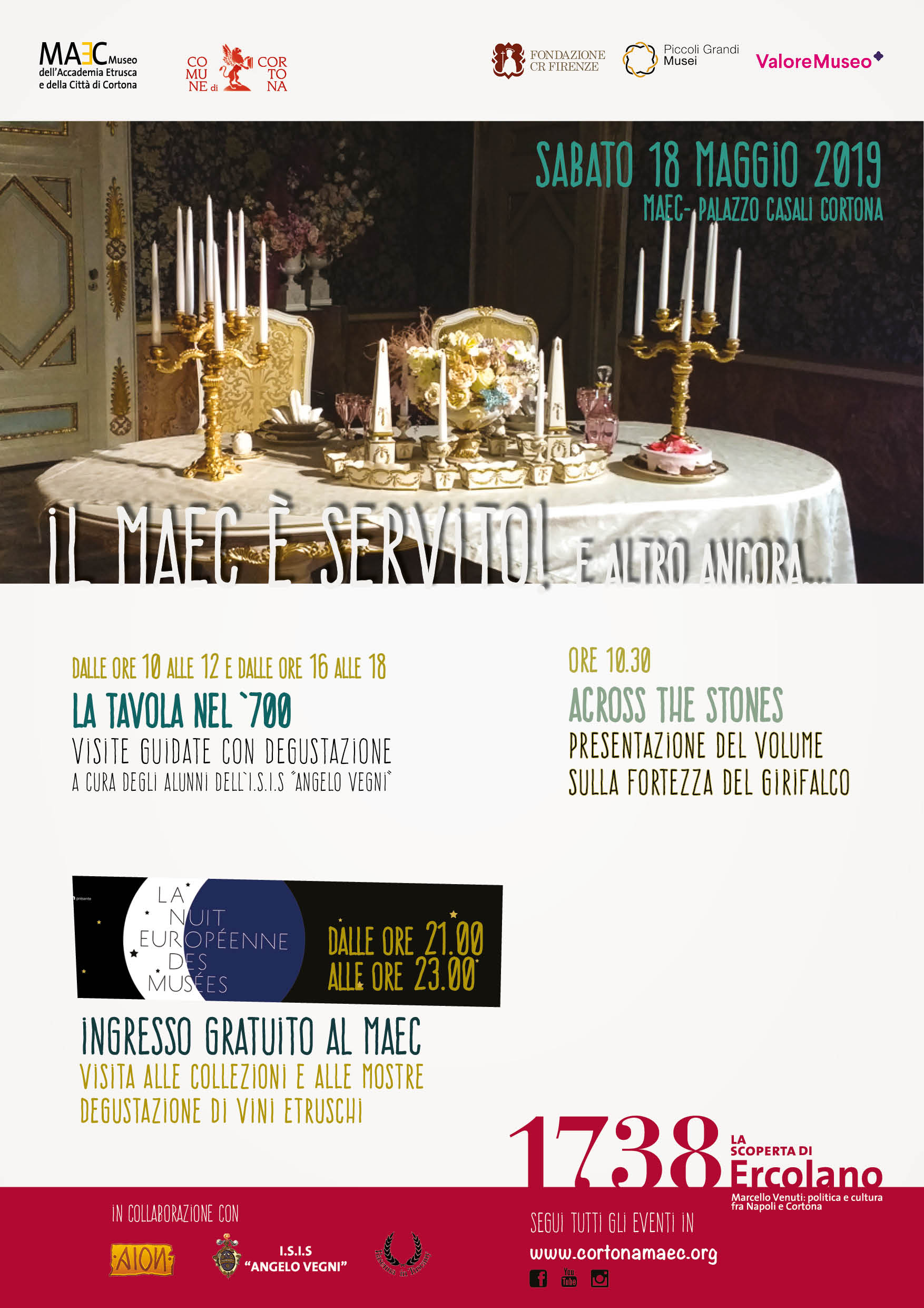 Eventi 18 maggio 2019 A tavola nel '700, visite guidate dei ragazzi dell'Istituto Vegni Presentazione del libro "Across the stones" e Notte dei Musei, apertura straordinaria dalle 21 alle 23