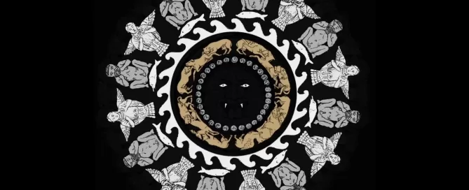 MAEC Cortona riproduzione grafica dei simboli presenti sul Lampadario etrusco sono evidenziati gli Acheloo