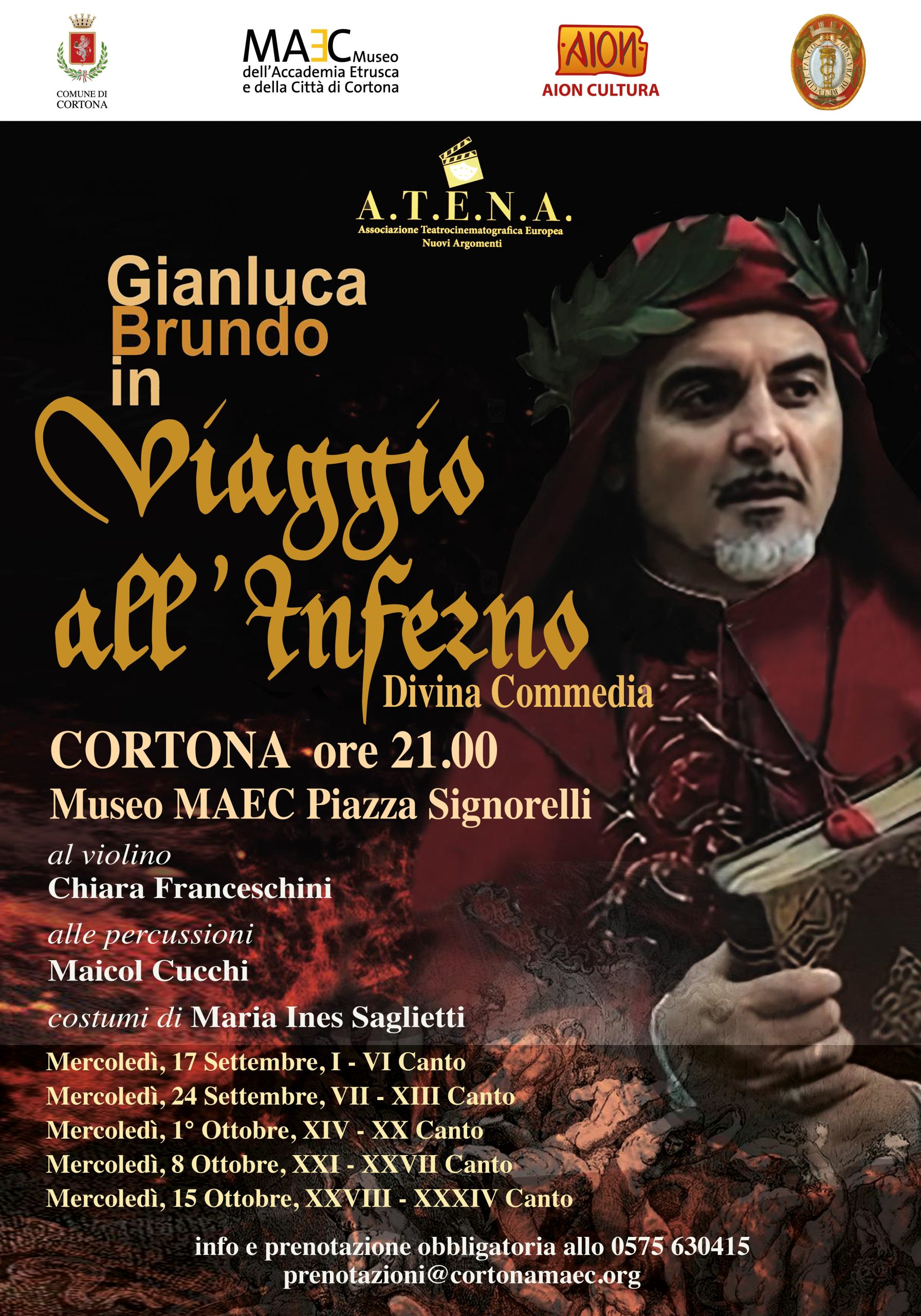 MAEC Cortona locandina evento Gianluca Brundo in Viaggio all'Inferno. Letture dei canti della Divina Commedia di Dante Alighieri