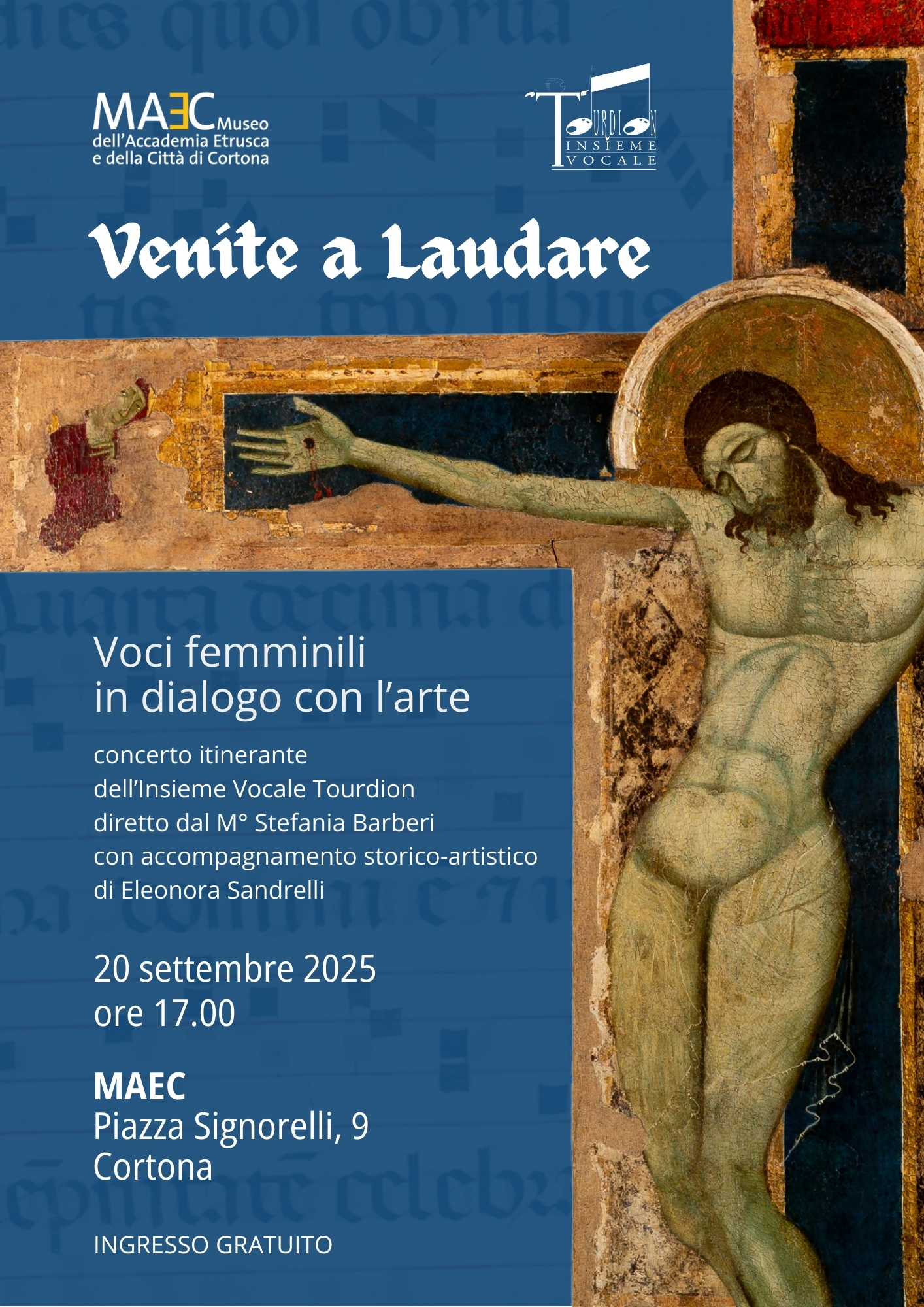 MAEC Cortona locandina concerto itinerante al museo dell'accademia etrusca e della città di Cortona concerto dell'insieme Tourdion con accompagnamento storico-artistico